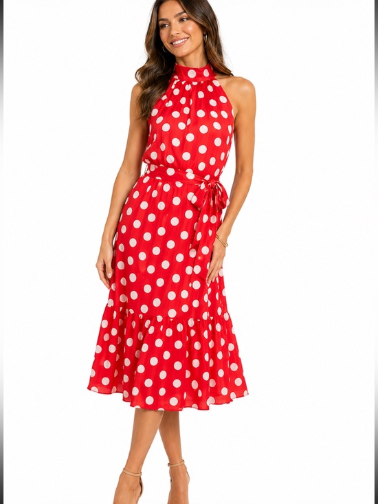 London Times Dresses & Skirts - LONDON TIMES Red and White Polka Dot Sleeveless Satin Ruffled Hem Dress 16 NWT